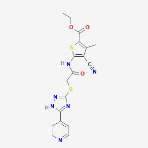 molecular formula C18H16N6O3S2 B426850 ethyl4-cyano-3-methyl-5-[({[5-(4-pyridinyl)-4H-1,2,4-triazol-3-yl]thio}acetyl)amino]-2-thiophenecarboxylate 