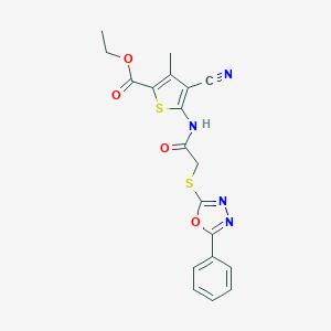 molecular formula C19H16N4O4S2 B426864 ethyl4-cyano-3-methyl-5-({[(5-phenyl-1,3,4-oxadiazol-2-yl)thio]acetyl}amino)-2-thiophenecarboxylate 
