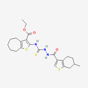 molecular formula C23H29N3O3S3 B4270780 ethyl 2-[({2-[(6-methyl-4,5,6,7-tetrahydro-1-benzothiophen-3-yl)carbonyl]hydrazinyl}carbonothioyl)amino]-5,6,7,8-tetrahydro-4H-cyclohepta[b]thiophene-3-carboxylate 