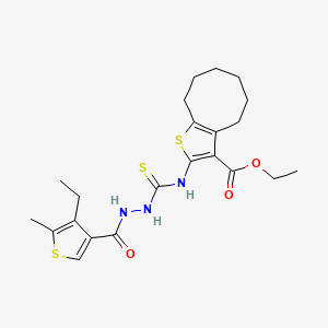 molecular formula C22H29N3O3S3 B4270926 ethyl 2-[({2-[(4-ethyl-5-methyl-3-thienyl)carbonyl]hydrazino}carbonothioyl)amino]-4,5,6,7,8,9-hexahydrocycloocta[b]thiophene-3-carboxylate 