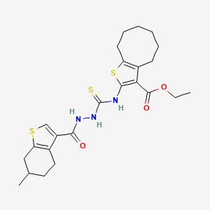 molecular formula C24H31N3O3S3 B4270947 Ethyl 2-[({2-[(6-methyl-4,5,6,7-tetrahydro-1-benzothiophen-3-yl)carbonyl]hydrazinyl}carbonothioyl)amino]-4,5,6,7,8,9-hexahydrocycloocta[b]thiophene-3-carboxylate 