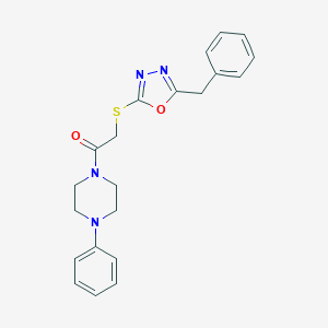 molecular formula C21H22N4O2S B427152 2-((5-Benzyl-1,3,4-oxadiazol-2-yl)thio)-1-(4-phenylpiperazin-1-yl)ethanone CAS No. 723244-94-8