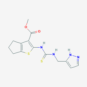 molecular formula C14H16N4O2S2 B4272956 methyl 2-({[(1H-pyrazol-3-ylmethyl)amino]carbonothioyl}amino)-5,6-dihydro-4H-cyclopenta[b]thiophene-3-carboxylate 