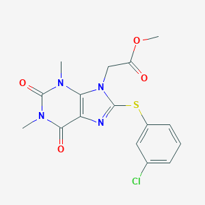 molecular formula C16H15ClN4O4S B427920 methyl {8-[(3-chlorophenyl)sulfanyl]-1,3-dimethyl-2,6-dioxo-1,2,3,6-tetrahydro-9H-purin-9-yl}acetate 