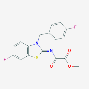 molecular formula C17H12F2N2O3S B428121 methyl [(6-fluoro-3-(4-fluorobenzyl)-1,3-benzothiazol-2(3H)-ylidene)amino](oxo)acetate 