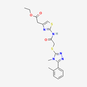 molecular formula C19H21N5O3S2 B4281522 ETHYL 2-{2-[(2-{[4-METHYL-5-(2-METHYLPHENYL)-4H-1,2,4-TRIAZOL-3-YL]SULFANYL}ACETYL)AMINO]-1,3-THIAZOL-4-YL}ACETATE 