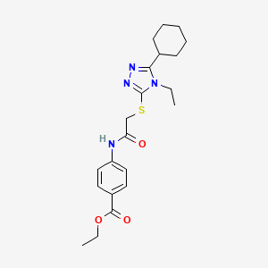 molecular formula C21H28N4O3S B4281665 ETHYL 4-({2-[(5-CYCLOHEXYL-4-ETHYL-4H-1,2,4-TRIAZOL-3-YL)SULFANYL]ACETYL}AMINO)BENZOATE 