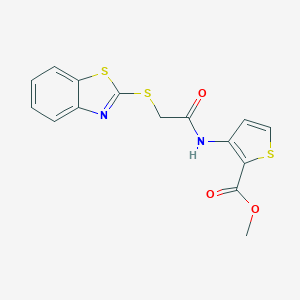 molecular formula C15H12N2O3S3 B428236 Methyl 3-{[(1,3-benzothiazol-2-ylsulfanyl)acetyl]amino}-2-thiophenecarboxylate 