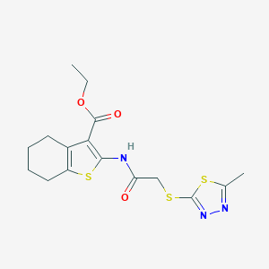 molecular formula C16H19N3O3S3 B428319 ethyl 2-(2-((5-methyl-1,3,4-thiadiazol-2-yl)thio)acetamido)-4,5,6,7-tetrahydrobenzo[b]thiophene-3-carboxylate CAS No. 483348-08-9