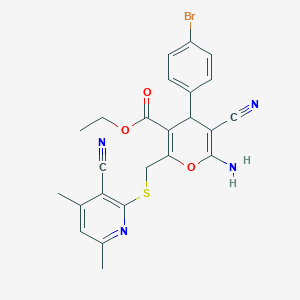molecular formula C24H21BrN4O3S B4288965 ethyl 6-amino-4-(4-bromophenyl)-5-cyano-2-{[(3-cyano-4,6-dimethylpyridin-2-yl)sulfanyl]methyl}-4H-pyran-3-carboxylate 