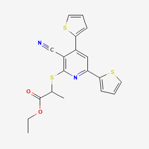 molecular formula C19H16N2O2S3 B4288976 ETHYL 2-{[3-CYANO-4,6-BIS(THIOPHEN-2-YL)PYRIDIN-2-YL]SULFANYL}PROPANOATE 