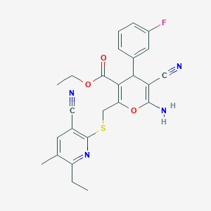 molecular formula C25H23FN4O3S B4288989 ethyl 6-amino-5-cyano-2-{[(3-cyano-6-ethyl-5-methylpyridin-2-yl)sulfanyl]methyl}-4-(3-fluorophenyl)-4H-pyran-3-carboxylate 