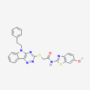 molecular formula C27H22N6O2S2 B4290407 N-(6-methoxy-1,3-benzothiazol-2-yl)-2-{[5-(2-phenylethyl)-5H-[1,2,4]triazino[5,6-b]indol-3-yl]sulfanyl}acetamide 