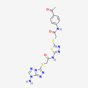 molecular formula C17H16N10O3S3 B4290742 N-[5-({2-[(4-acetylphenyl)amino]-2-oxoethyl}sulfanyl)-1,3,4-thiadiazol-2-yl]-2-[(7-amino-7H-[1,2,4]triazolo[4,3-b][1,2,4]triazol-3-yl)sulfanyl]acetamide 