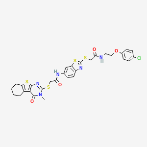molecular formula C30H28ClN5O4S4 B4291233 N-{2-[(2-{[2-(4-chlorophenoxy)ethyl]amino}-2-oxoethyl)sulfanyl]-1,3-benzothiazol-6-yl}-2-[(3-methyl-4-oxo-3,4,5,6,7,8-hexahydro[1]benzothieno[2,3-d]pyrimidin-2-yl)sulfanyl]acetamide 