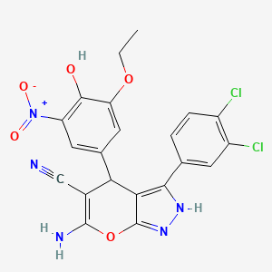 molecular formula C21H15Cl2N5O5 B4292156 6-AMINO-3-(3,4-DICHLOROPHENYL)-4-(3-ETHOXY-4-HYDROXY-5-NITROPHENYL)-1H,4H-PYRANO[2,3-C]PYRAZOLE-5-CARBONITRILE 