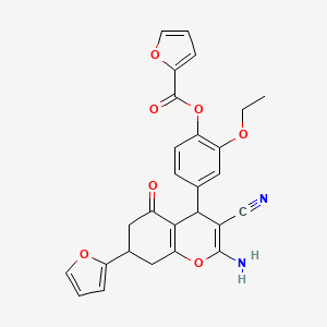 molecular formula C27H22N2O7 B4292397 4-[2-amino-3-cyano-7-(furan-2-yl)-5-oxo-5,6,7,8-tetrahydro-4H-chromen-4-yl]-2-ethoxyphenyl furan-2-carboxylate 