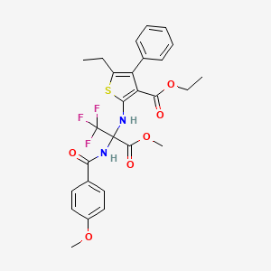 molecular formula C27H27F3N2O6S B4293119 ETHYL 5-ETHYL-4-PHENYL-2-({1,1,1-TRIFLUORO-3-METHOXY-2-[(4-METHOXYPHENYL)FORMAMIDO]-3-OXOPROPAN-2-YL}AMINO)THIOPHENE-3-CARBOXYLATE 
