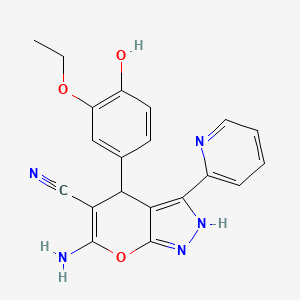 molecular formula C20H17N5O3 B4293281 6-AMINO-4-(3-ETHOXY-4-HYDROXYPHENYL)-3-(PYRIDIN-2-YL)-1H,4H-PYRANO[2,3-C]PYRAZOLE-5-CARBONITRILE 