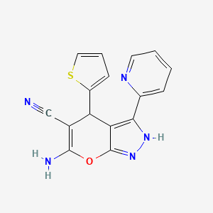 molecular formula C16H11N5OS B4293310 6-AMINO-3-(PYRIDIN-2-YL)-4-(THIOPHEN-2-YL)-1H,4H-PYRANO[2,3-C]PYRAZOLE-5-CARBONITRILE 