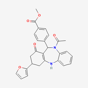 molecular formula C27H24N2O5 B4293761 methyl 4-[10-acetyl-3-(furan-2-yl)-1-oxo-2,3,4,5,10,11-hexahydro-1H-dibenzo[b,e][1,4]diazepin-11-yl]benzoate 