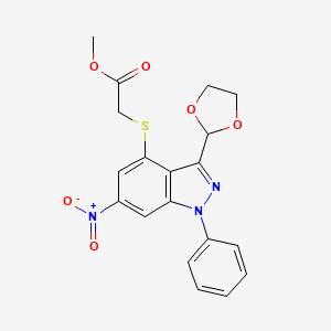 molecular formula C19H17N3O6S B4295550 METHYL 2-{[3-(1,3-DIOXOLAN-2-YL)-6-NITRO-1-PHENYL-1H-INDAZOL-4-YL]SULFANYL}ACETATE 