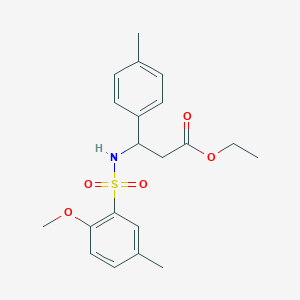 molecular formula C20H25NO5S B4295657 ethyl 3-{[(2-methoxy-5-methylphenyl)sulfonyl]amino}-3-(4-methylphenyl)propanoate 