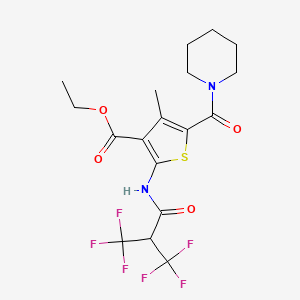 molecular formula C18H20F6N2O4S B4296489 ETHYL 4-METHYL-5-(PIPERIDINE-1-CARBONYL)-2-[3,3,3-TRIFLUORO-2-(TRIFLUOROMETHYL)PROPANAMIDO]THIOPHENE-3-CARBOXYLATE 