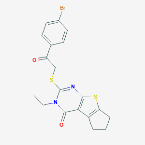 molecular formula C19H17BrN2O2S2 B429689 2-{[2-(4-bromophenyl)-2-oxoethyl]sulfanyl}-3-ethyl-3,5,6,7-tetrahydro-4H-cyclopenta[4,5]thieno[2,3-d]pyrimidin-4-one 