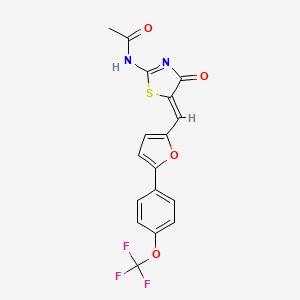 molecular formula C17H11F3N2O4S B4297014 N-[(2E,5Z)-4-oxo-5-({5-[4-(trifluoromethoxy)phenyl]furan-2-yl}methylidene)-1,3-thiazolidin-2-ylidene]acetamide 