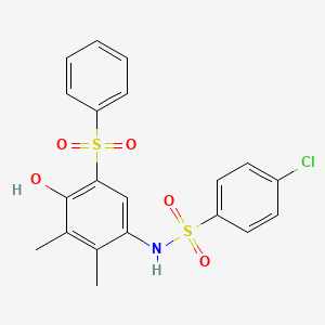 molecular formula C20H18ClNO5S2 B4297516 N-[5-(BENZENESULFONYL)-4-HYDROXY-2,3-DIMETHYLPHENYL]-4-CHLOROBENZENE-1-SULFONAMIDE 