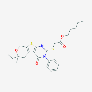 molecular formula C25H30N2O4S2 B429824 pentyl 2-[(12-ethyl-12-methyl-3-oxo-4-phenyl-11-oxa-8-thia-4,6-diazatricyclo[7.4.0.02,7]trideca-1(9),2(7),5-trien-5-yl)sulfanyl]acetate CAS No. 351441-29-7