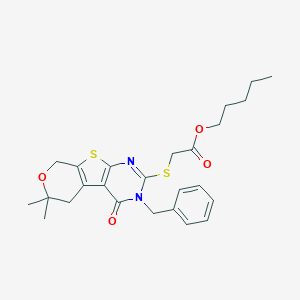 molecular formula C25H30N2O4S2 B429866 pentyl 2-[(4-benzyl-12,12-dimethyl-3-oxo-11-oxa-8-thia-4,6-diazatricyclo[7.4.0.02,7]trideca-1(9),2(7),5-trien-5-yl)sulfanyl]acetate CAS No. 346727-51-3