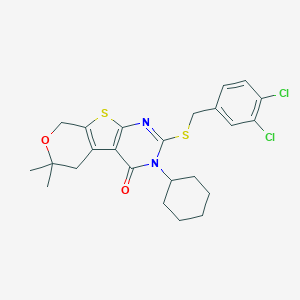 molecular formula C24H26Cl2N2O2S2 B429980 4-cyclohexyl-5-[(3,4-dichlorophenyl)methylsulfanyl]-12,12-dimethyl-11-oxa-8-thia-4,6-diazatricyclo[7.4.0.02,7]trideca-1(9),2(7),5-trien-3-one CAS No. 352657-82-0