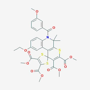 molecular formula C34H33NO11S3 B429998 tetramethyl 9'-ethoxy-6'-[(3-methoxyphenyl)carbonyl]-5',5'-dimethyl-5',6'-dihydrospiro[1,3-dithiole-2,1'-thiopyrano[2,3-c]quinoline]-2',3',4,5-tetracarboxylate 