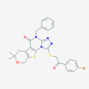 molecular formula C27H23BrN4O3S2 B430013 7-benzyl-3-[2-(4-bromophenyl)-2-oxoethyl]sulfanyl-12,12-dimethyl-13-oxa-16-thia-2,4,5,7-tetrazatetracyclo[7.7.0.02,6.010,15]hexadeca-1(9),3,5,10(15)-tetraen-8-one 