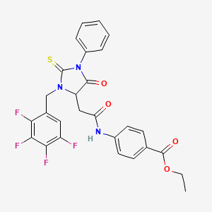 molecular formula C27H21F4N3O4S B4300187 ETHYL 4-(2-{5-OXO-1-PHENYL-2-SULFANYLIDENE-3-[(2,3,4,5-TETRAFLUOROPHENYL)METHYL]IMIDAZOLIDIN-4-YL}ACETAMIDO)BENZOATE 