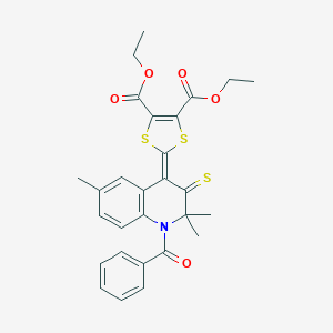 molecular formula C28H27NO5S3 B430054 DIETHYL 2-[1-BENZOYL-2,2,6-TRIMETHYL-3-THIOXO-2,3-DIHYDRO-4(1H)-QUINOLINYLIDEN]-1,3-DITHIOLE-4,5-DICARBOXYLATE 