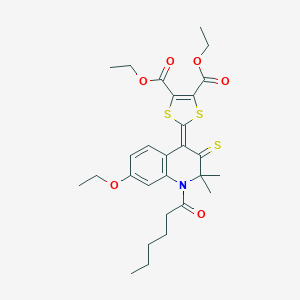 molecular formula C28H35NO6S3 B430056 DIETHYL 2-[7-ETHOXY-1-HEXANOYL-2,2-DIMETHYL-3-THIOXO-2,3-DIHYDRO-4(1H)-QUINOLINYLIDEN]-1,3-DITHIOLE-4,5-DICARBOXYLATE 