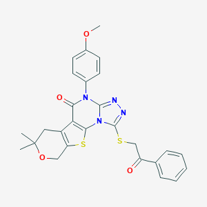 molecular formula C27H24N4O4S2 B430136 7-(4-methoxyphenyl)-12,12-dimethyl-3-phenacylsulfanyl-13-oxa-16-thia-2,4,5,7-tetrazatetracyclo[7.7.0.02,6.010,15]hexadeca-1(9),3,5,10(15)-tetraen-8-one CAS No. 354992-43-1