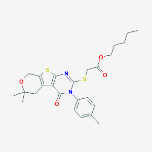molecular formula C25H30N2O4S2 B430192 pentyl 2-[[12,12-dimethyl-4-(4-methylphenyl)-3-oxo-11-oxa-8-thia-4,6-diazatricyclo[7.4.0.02,7]trideca-1(9),2(7),5-trien-5-yl]sulfanyl]acetate CAS No. 332393-06-3