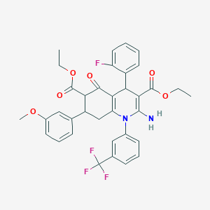 molecular formula C35H32F4N2O6 B4302601 DIETHYL 2-AMINO-4-(2-FLUOROPHENYL)-7-(3-METHOXYPHENYL)-5-OXO-1-[3-(TRIFLUOROMETHYL)PHENYL]-1,4,5,6,7,8-HEXAHYDRO-3,6-QUINOLINEDICARBOXYLATE 