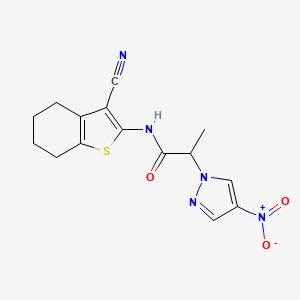 molecular formula C15H15N5O3S B4304149 N-(3-cyano-4,5,6,7-tetrahydro-1-benzothiophen-2-yl)-2-(4-nitro-1H-pyrazol-1-yl)propanamide 