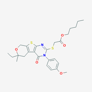 molecular formula C26H32N2O5S2 B430463 pentyl 2-[[12-ethyl-4-(4-methoxyphenyl)-12-methyl-3-oxo-11-oxa-8-thia-4,6-diazatricyclo[7.4.0.02,7]trideca-1(9),2(7),5-trien-5-yl]sulfanyl]acetate 