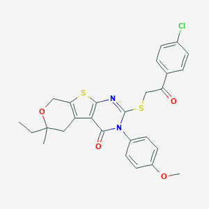 molecular formula C27H25ClN2O4S2 B430465 5-[2-(4-chlorophenyl)-2-oxoethyl]sulfanyl-12-ethyl-4-(4-methoxyphenyl)-12-methyl-11-oxa-8-thia-4,6-diazatricyclo[7.4.0.02,7]trideca-1(9),2(7),5-trien-3-one 