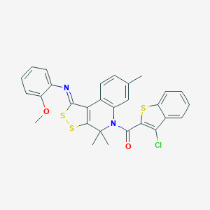 molecular formula C29H23ClN2O2S3 B430478 (3-CHLORO-1-BENZOTHIOPHEN-2-YL)[1-[(2-METHOXYPHENYL)IMINO]-4,4,7-TRIMETHYL-1H-[1,2]DITHIOLO[3,4-C]QUINOLIN-5(4H)-YL]METHANONE 
