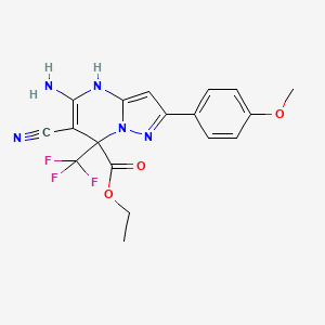 molecular formula C18H16F3N5O3 B4304868 ETHYL 5-AMINO-6-CYANO-2-(4-METHOXYPHENYL)-7-(TRIFLUOROMETHYL)-4H,7H-PYRAZOLO[1,5-A]PYRIMIDINE-7-CARBOXYLATE 