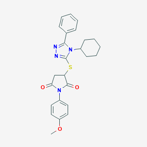 molecular formula C25H26N4O3S B430496 3-[(4-cyclohexyl-5-phenyl-4H-1,2,4-triazol-3-yl)sulfanyl]-1-(4-methoxyphenyl)pyrrolidine-2,5-dione 