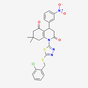 molecular formula C26H23ClN4O4S2 B4305701 1-{5-[(2-CHLOROBENZYL)SULFANYL]-1,3,4-THIADIAZOL-2-YL}-7,7-DIMETHYL-4-(3-NITROPHENYL)-4,6,7,8-TETRAHYDRO-2,5(1H,3H)-QUINOLINEDIONE 