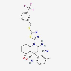 molecular formula C28H21F3N6O2S2 B4306330 2'-amino-5-methyl-2,5'-dioxo-1'-(5-{[3-(trifluoromethyl)benzyl]thio}-1,3,4-thiadiazol-2-yl)-1,2,5',6',7',8'-hexahydro-1'H-spiro[indole-3,4'-quinoline]-3'-carbonitrile 